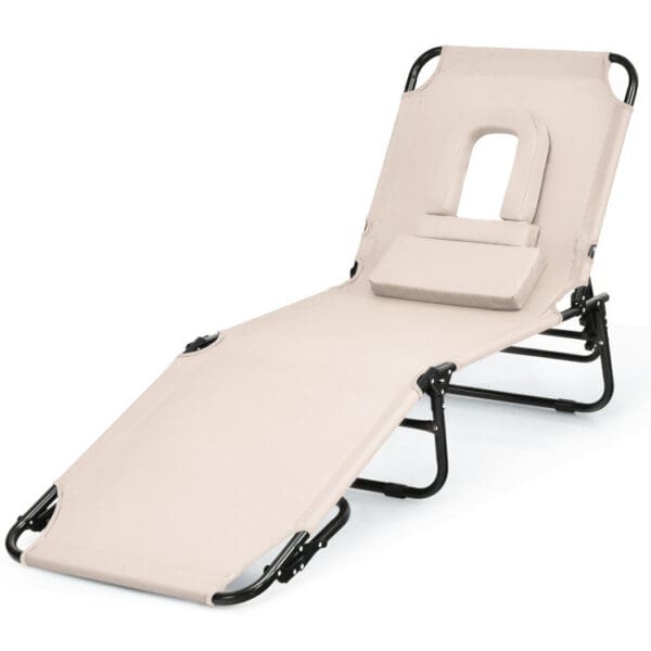 Outdoor Folding Chaise Lounger with Hand Rope and Detachable Pillow