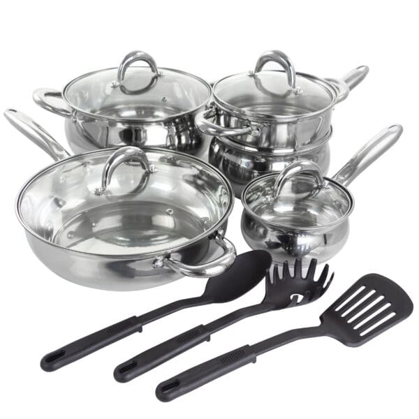 Ancona 12 Pc Stainless Steel Belly Shaped Cookware Set with Kitchen Tools