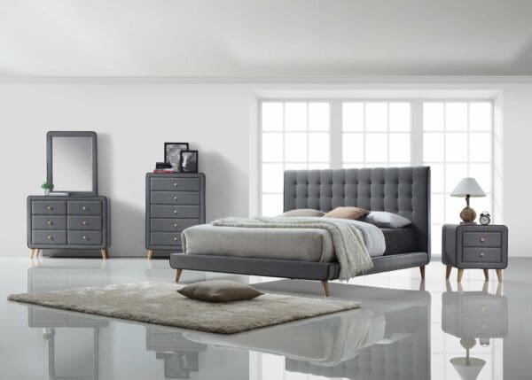 Tufted Light Gray Upholstered Linen Bed - Image 2