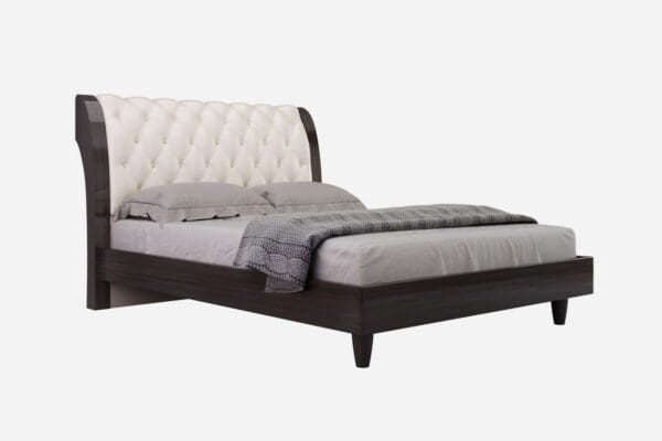 Solid Wood King Tufted Beige Upholstered Faux Leather Bed With Nailhead Trim - Image 2