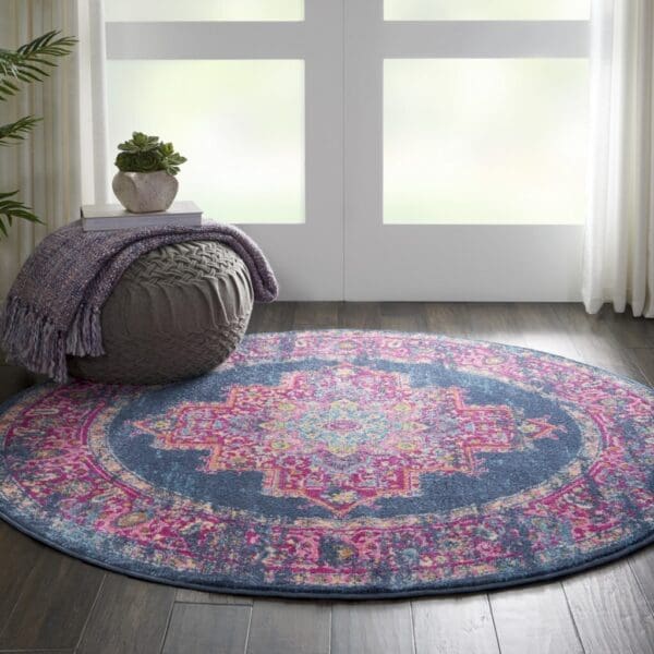 4' Blue Round Power Loom Area Rug - Image 4