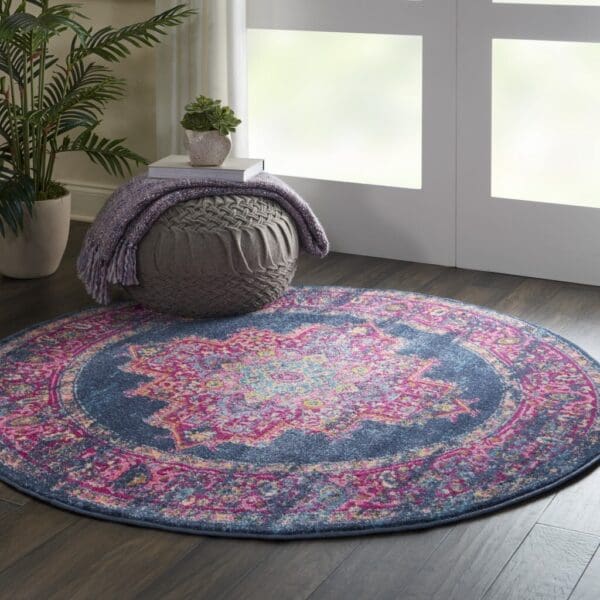 4' Blue Round Power Loom Area Rug - Image 6