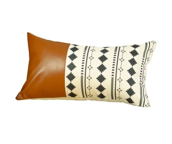 Geometric Patterns & Brown Faux Leather Pillow Cover - 20" x 12"