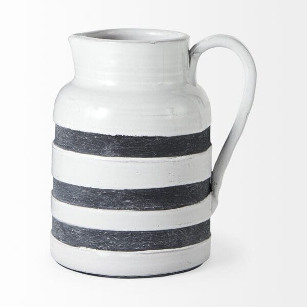 9" Rustic White And Blue Stripe Ceramic Jug - Image 4