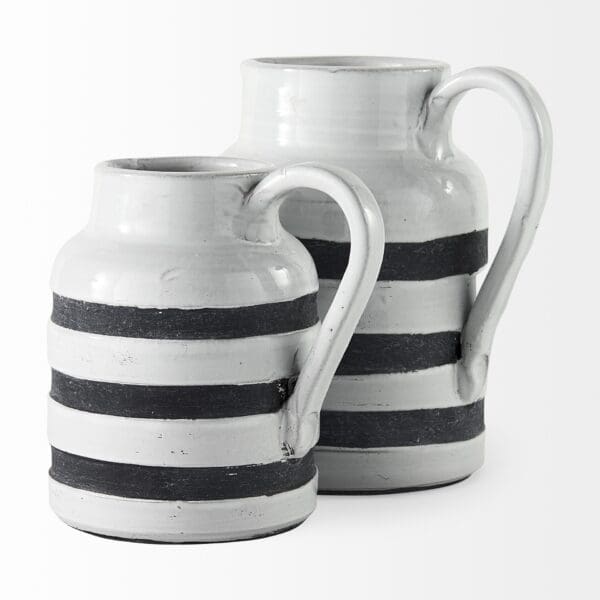 9" Rustic White And Blue Stripe Ceramic Jug - Image 6