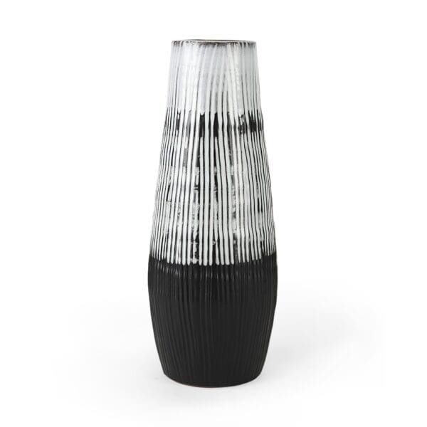 19" Black White and Gray Patterned Lines Ceramic Vase - Image 2