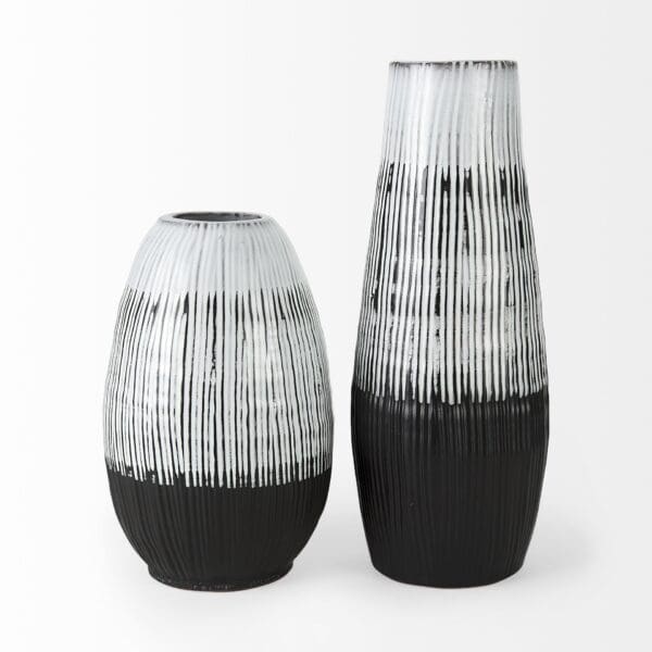 19" Black White and Gray Patterned Lines Ceramic Vase - Image 3