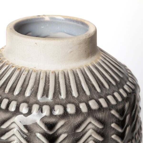 8" Black and Cream Organic Glaze Chevron Embossed Ceramic Vase - Image 5