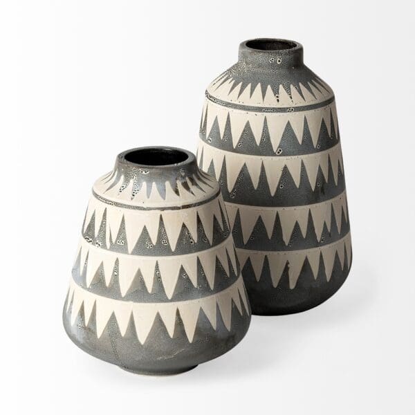 10" Gray and Ivory Triangle Pattern Ceramic Vase - Image 3