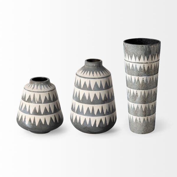 10" Gray and Ivory Triangle Pattern Ceramic Vase - Image 4