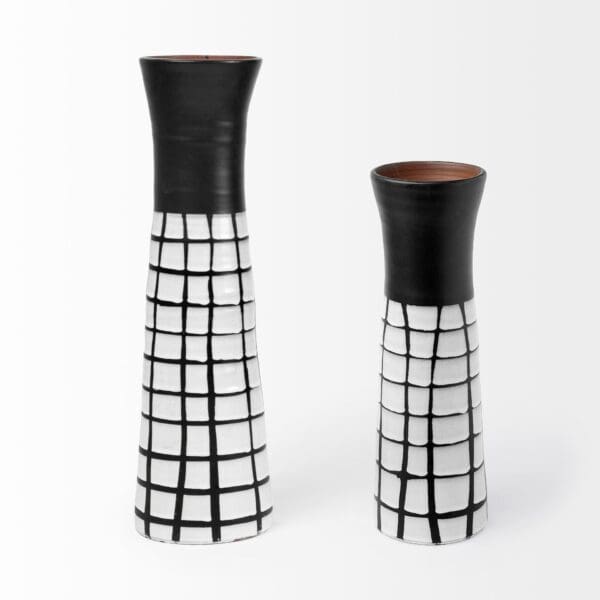 24" Black and White Modern Grid Ceramic Vase - Image 3