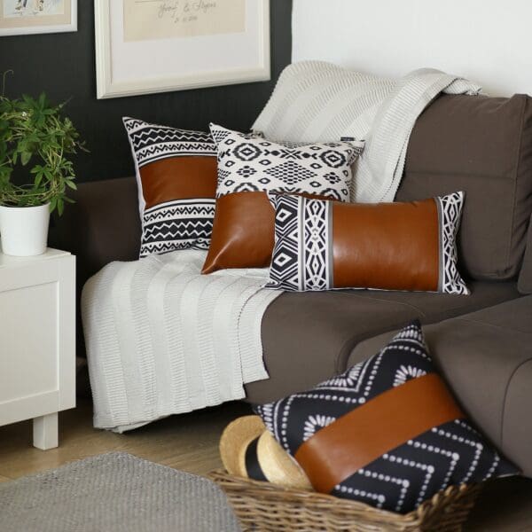 Boho Faux Leather Pillows -  Set of 2, Brown - Image 6