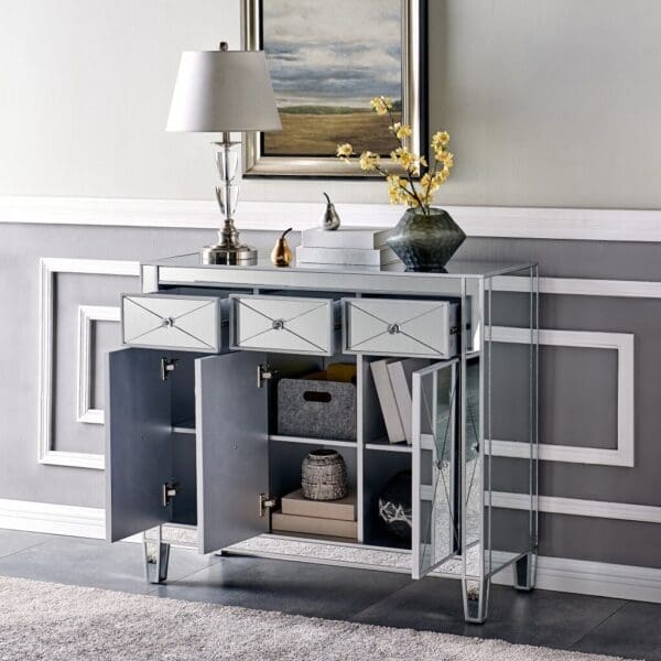 Glamorous Mirrored Bling Three Door Accent Cabinet - Image 4