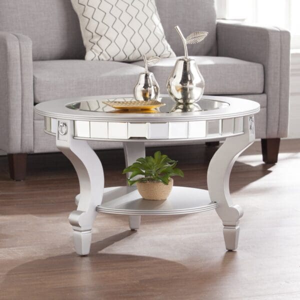 29" Silver Mirrored And Metal Round Mirrored Coffee Table - Image 2