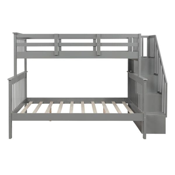 Gray Twin Over Full Contemporary Bunk Bed With Stairs And Shelves - Image 2