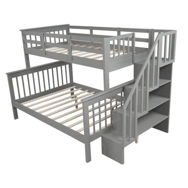 Gray Twin Over Full Contemporary Bunk Bed With Stairs And Shelves - Image 4