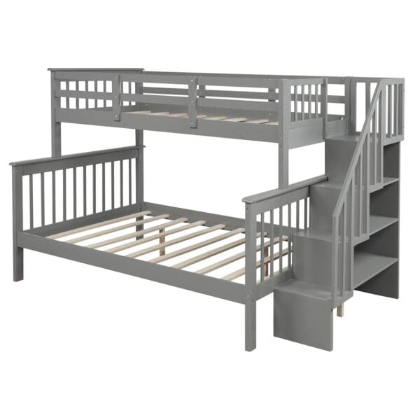 Gray Twin Over Full Contemporary Bunk Bed With Stairs And Shelves - Image 6