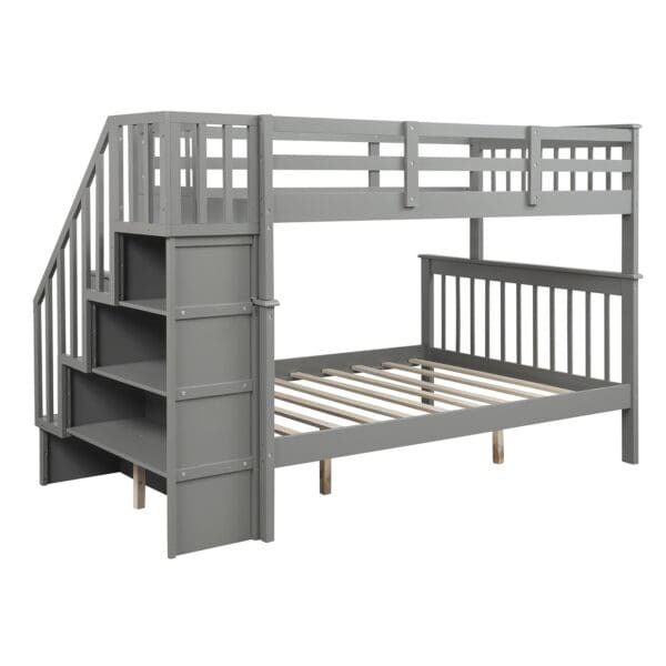 Gray Twin Over Full Contemporary Bunk Bed With Stairs And Shelves - Image 7