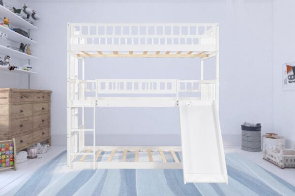 White Full Over Full Over Full Contemporary Bunk Bed With Slide - Image 4