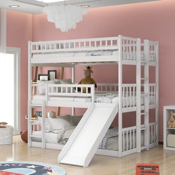 White Full Over Full Over Full Contemporary Bunk Bed With Slide - Image 5