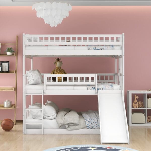 White Full Over Full Over Full Contemporary Bunk Bed With Slide - Image 6