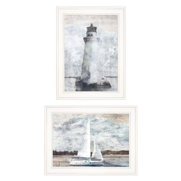 Set Of Two Lighthouse Sailboat White Framed Print Wall Art - Image 2