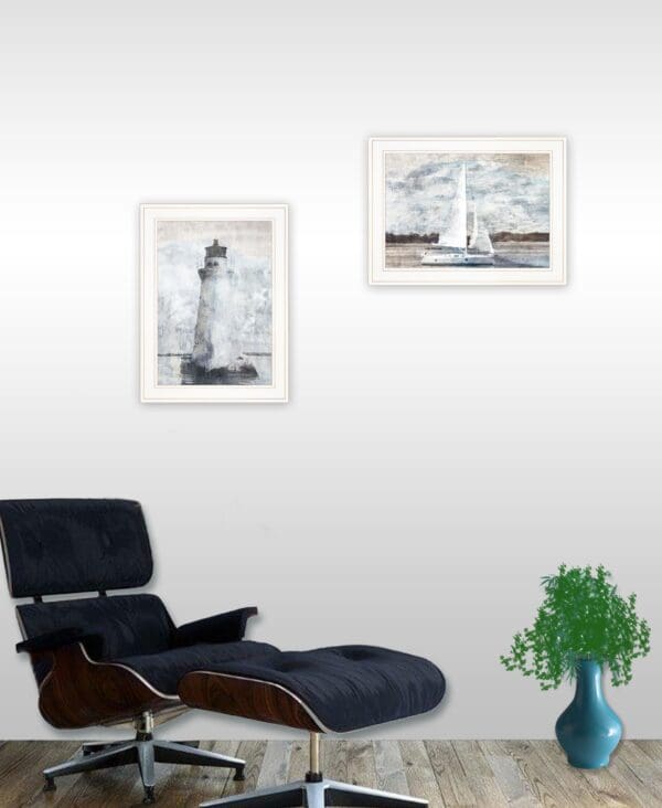 Set Of Two Lighthouse Sailboat White Framed Print Wall Art - Image 3