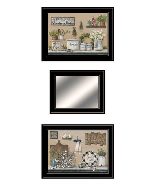 Set Of Three Farmhouse Kitchen 2 Black Framed Print Kitchen Wall Art with Mirror - Image 2