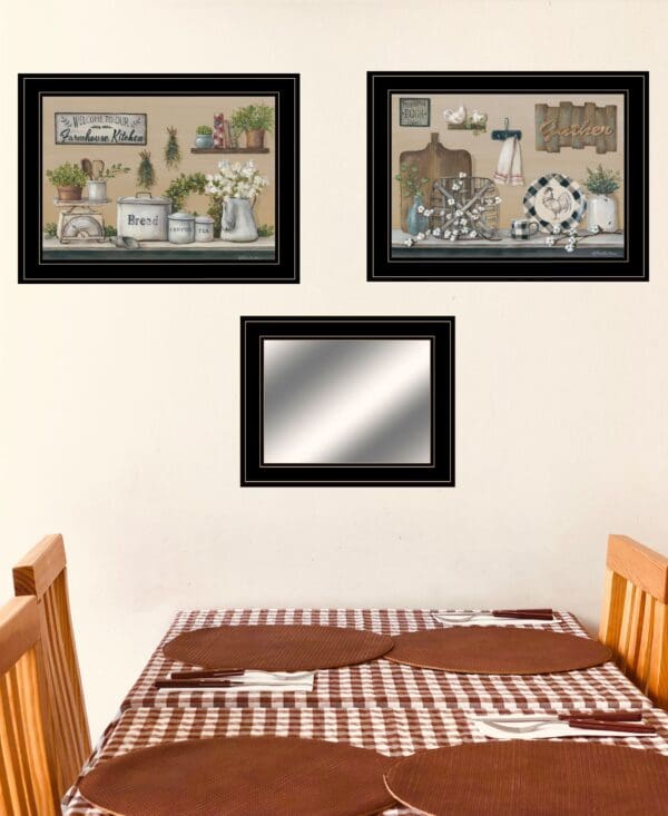 Set Of Three Farmhouse Kitchen 2 Black Framed Print Kitchen Wall Art with Mirror - Image 4