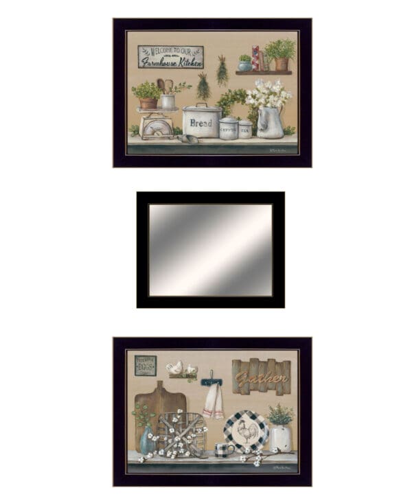 Set Of Three Farmhouse Kitchen 3 Black Framed Print Kitchen Wall Art with Mirror