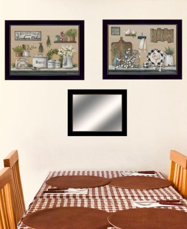 Set Of Three Farmhouse Kitchen 3 Black Framed Print Kitchen Wall Art with Mirror - Image 5