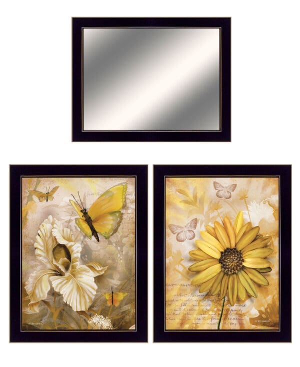 Set Of Three Yellow Butterflies 3 Black Framed Print Wall Art with Mirror - Image 2