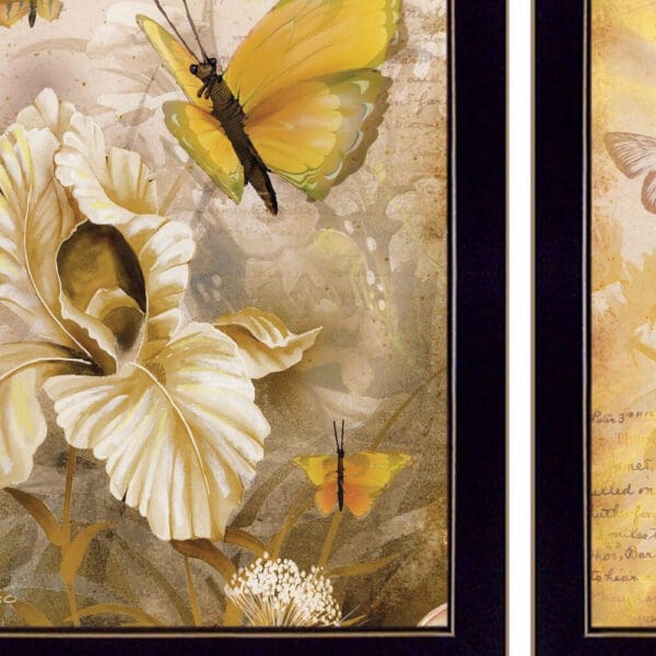 Set Of Three Yellow Butterflies 3 Black Framed Print Wall Art with Mirror - Image 4