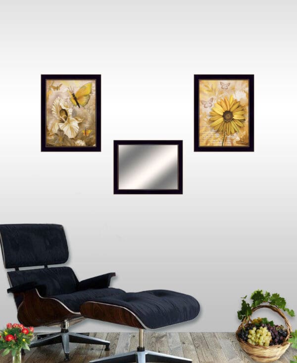 Set Of Three Yellow Butterflies 3 Black Framed Print Wall Art with Mirror - Image 5