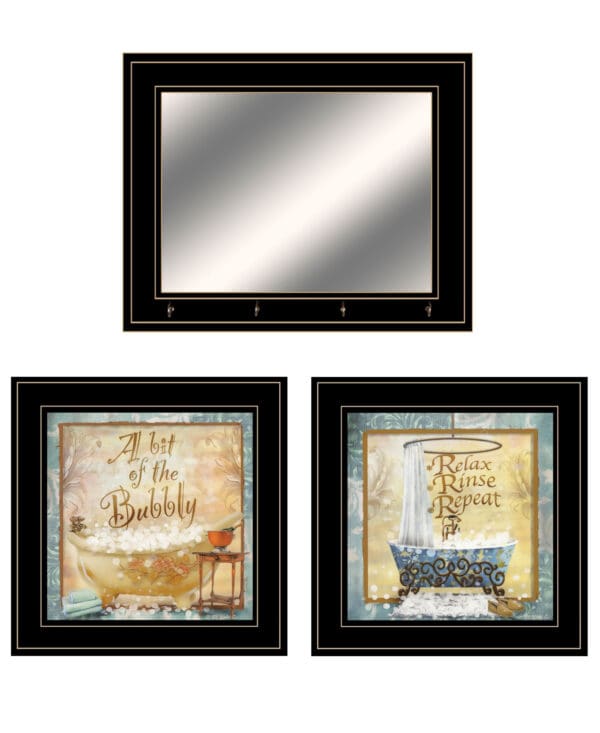 Set Of Three A Bit Of Bubbly 2 Black Framed Print Bath Wall Art with Mirror - Image 2