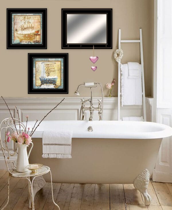 Set Of Three A Bit Of Bubbly 2 Black Framed Print Bath Wall Art with Mirror - Image 4