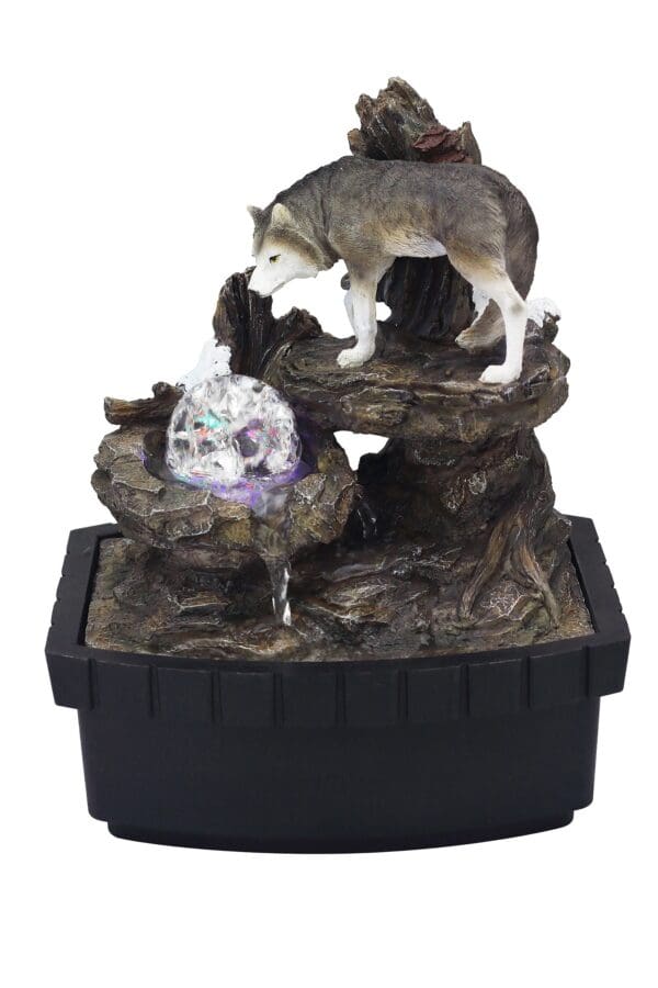 10" Black Polyresin Wolf Tabletop Fountain Sculpture - Image 2