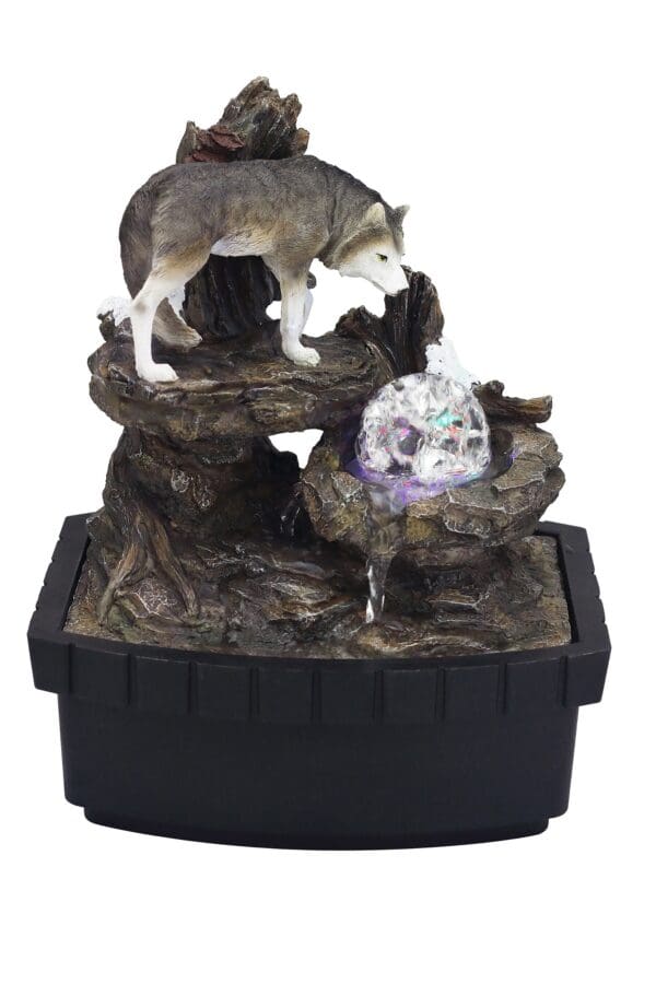 10" Black Polyresin Wolf Tabletop Fountain Sculpture - Image 3