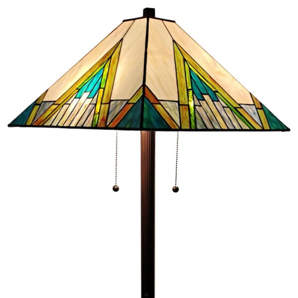 62" Brown Two Light Traditional Shaped Floor Lamp With Beige Green And Blue Geometric Stained Glass Empire Shade - Image 4