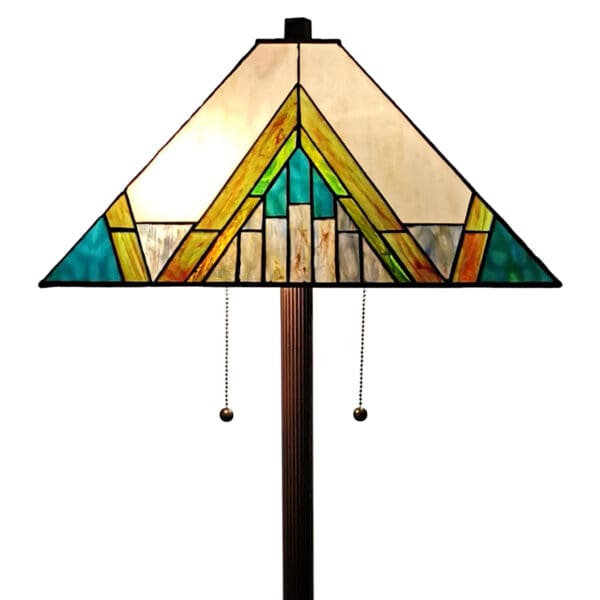 62" Brown Two Light Traditional Shaped Floor Lamp With Beige Green And Blue Geometric Stained Glass Empire Shade - Image 5