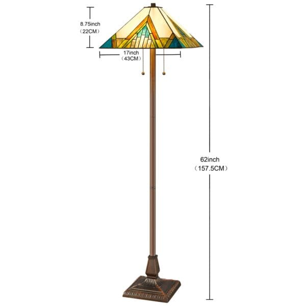 62" Brown Two Light Traditional Shaped Floor Lamp With Beige Green And Blue Geometric Stained Glass Empire Shade - Image 6