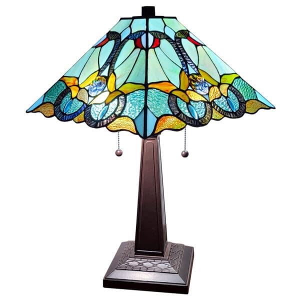 23" Aqua Blues and Amber Abstract Stained Glass Two Light Mission Style Table Lamp - Image 2