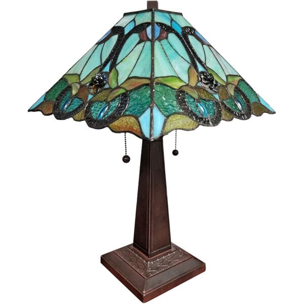 23" Aqua Blues and Amber Abstract Stained Glass Two Light Mission Style Table Lamp - Image 6