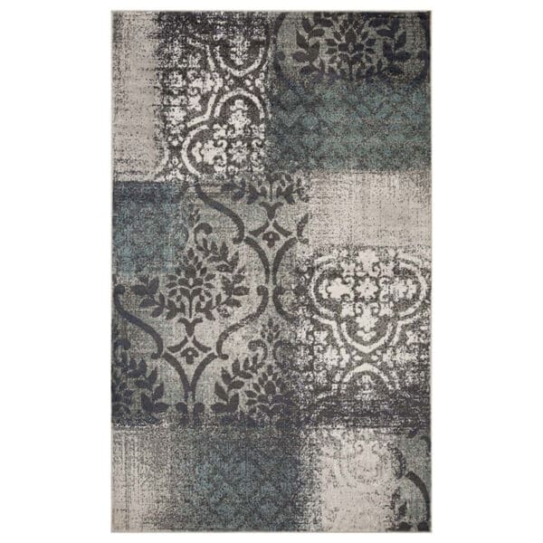 7' X 9' Teal And Gray Damask Distressed Stain Resistant Area Rug - Image 2