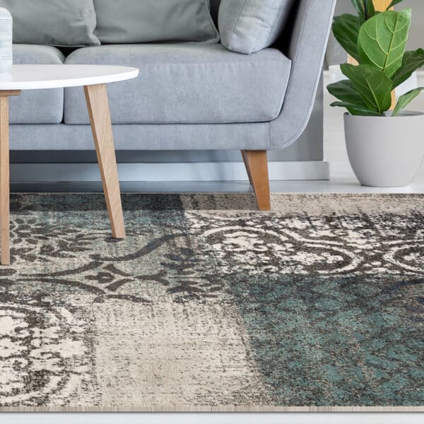 7' X 9' Teal And Gray Damask Distressed Stain Resistant Area Rug - Image 7