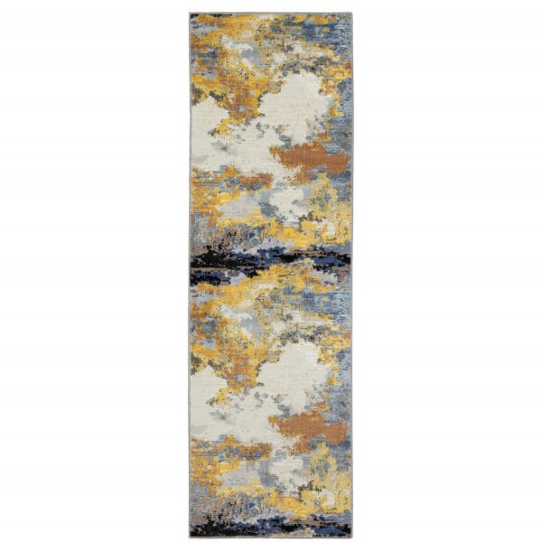 2' X 8' Yellow Gold Blue Grey Brown And Beige Abstract Power Loom Stain Resistant Runner Rug - Image 2