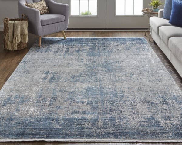 5' X 8' Blue Gray And Silver Abstract Power Loom Distressed Area Rug With Fringe - Image 6