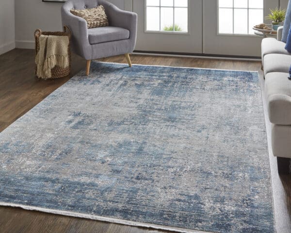 5' X 8' Blue Gray And Silver Abstract Power Loom Distressed Area Rug With Fringe - Image 7