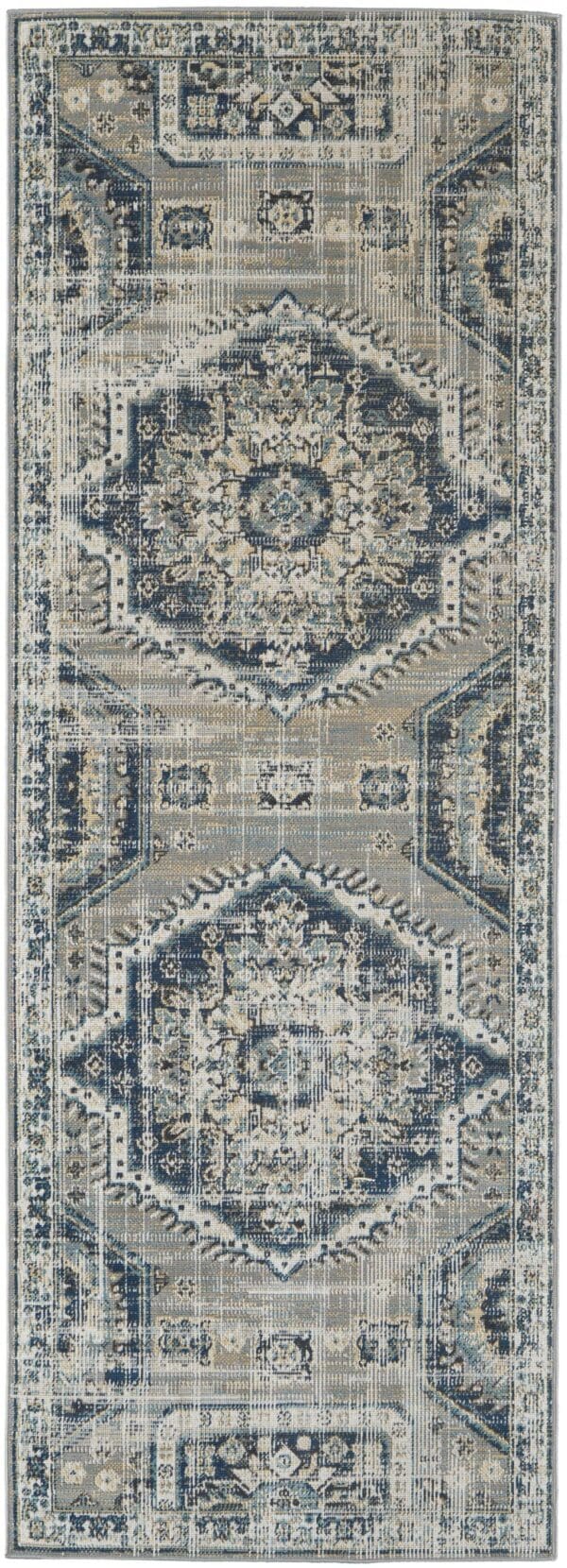 3'x 8' Blue And Ivory Abstract Power Loom Distressed Stain Resistant Runner Rug