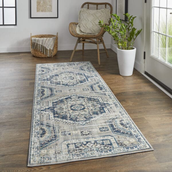 3'x 8' Blue And Ivory Abstract Power Loom Distressed Stain Resistant Runner Rug - Image 5